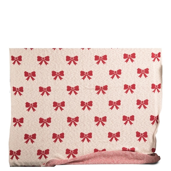 JINGLES & JOY Red Bow Knitted CHRISTMAS Holiday Throw Blanket Red and Beige - Picture 6 of 7